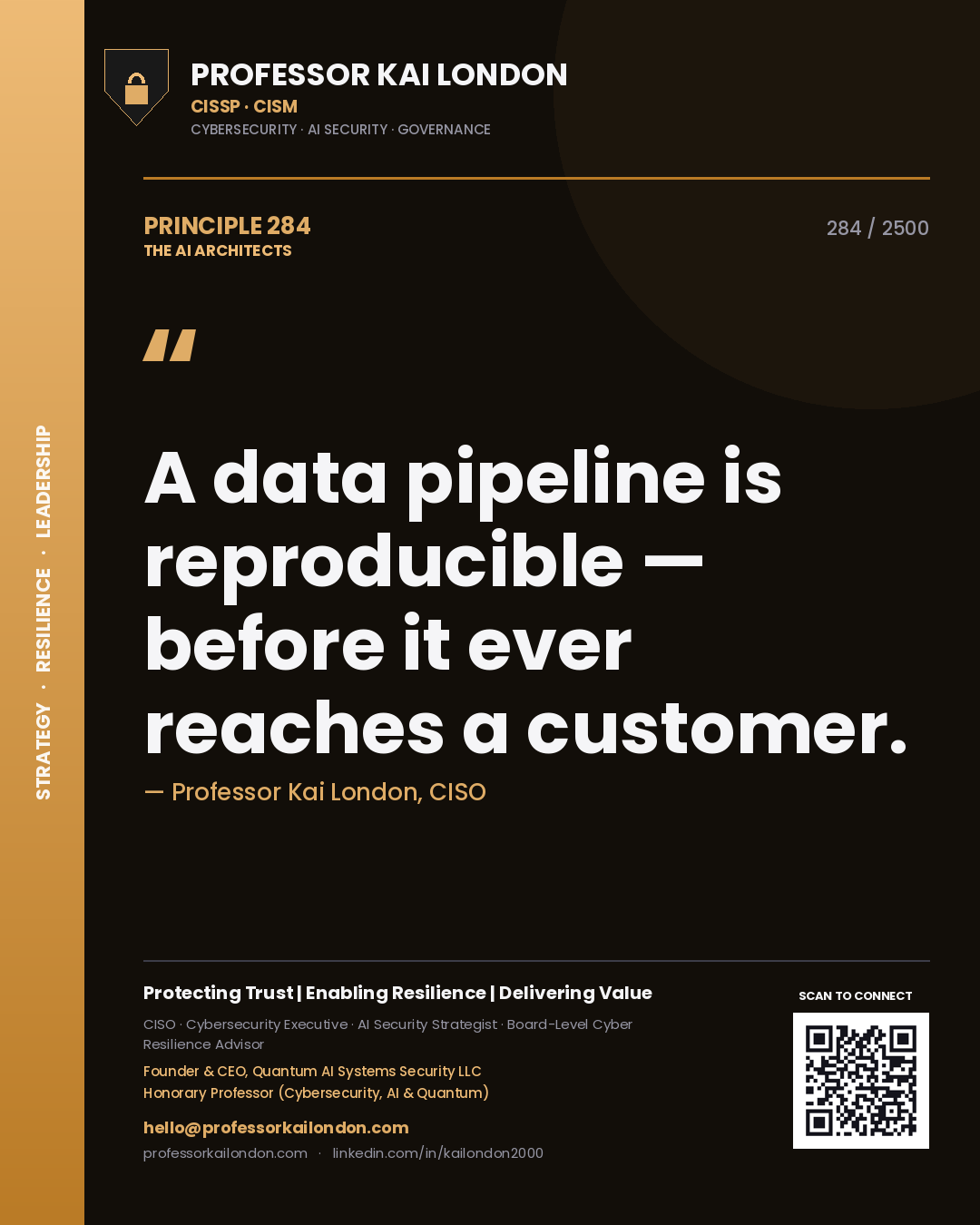 Quote card by Professor Kai London reading 'A data pipeline is reproducible — before it ever reaches a customer.'. From the book The AI Architects.