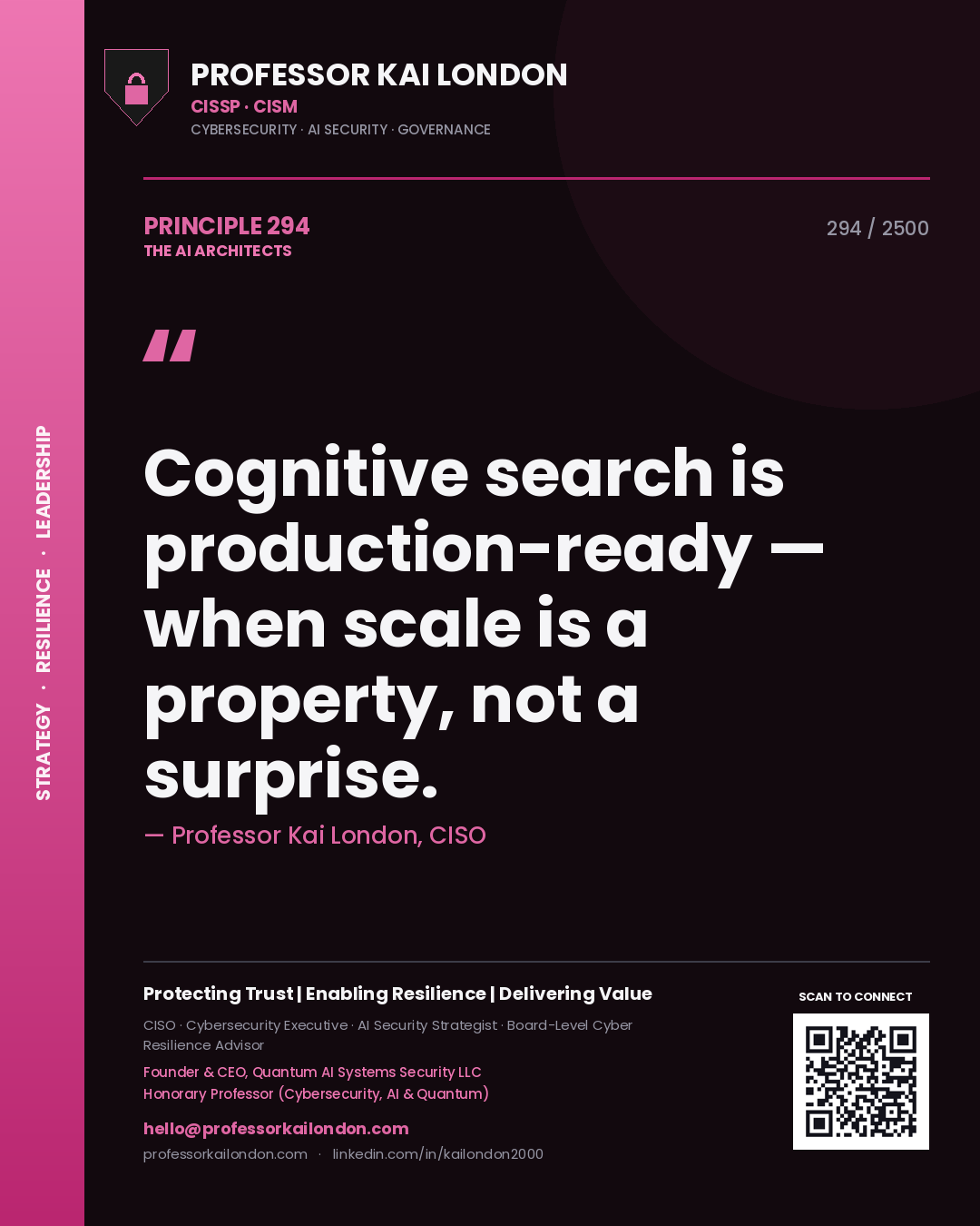 Quote card by Professor Kai London reading 'Cognitive search is production-ready — when scale is a property, not a surprise.'. From the book The AI Architects.