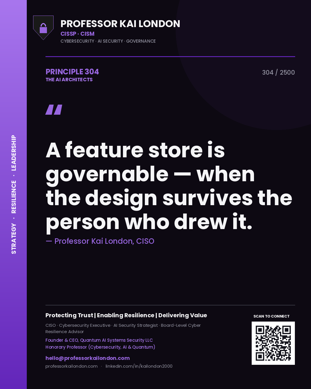 Quote card by Professor Kai London reading 'A feature store is governable — when the design survives the person who drew it.'. From the book The AI Architects.