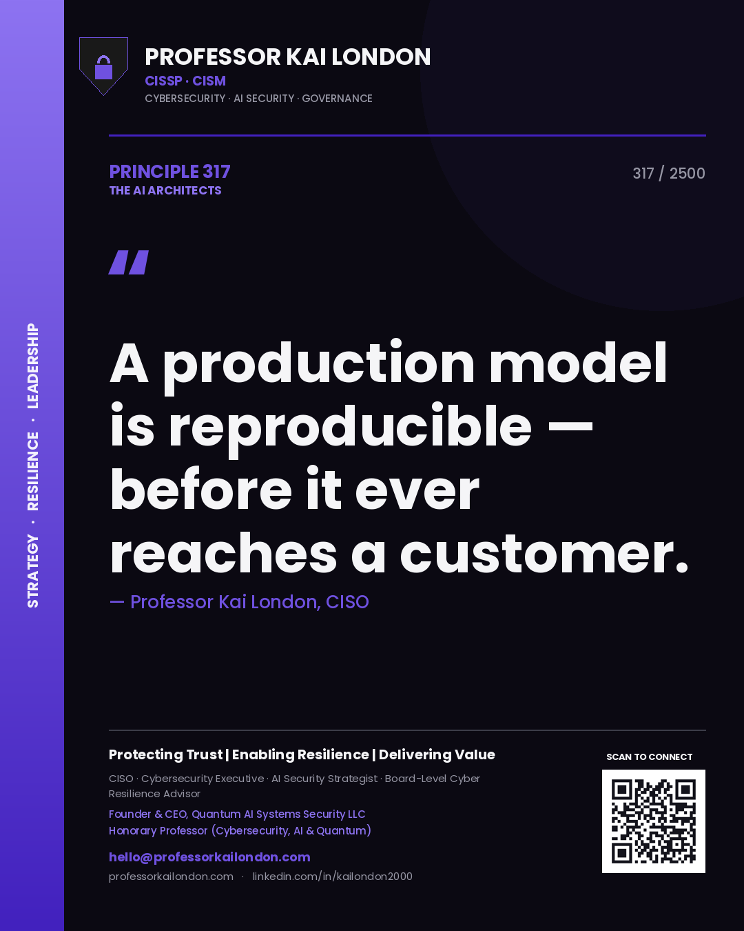 Quote card by Professor Kai London reading 'A production model is reproducible — before it ever reaches a customer.'. From the book The AI Architects.