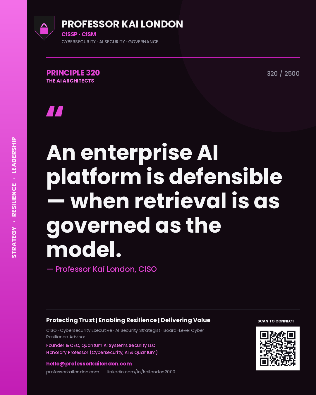 Quote card by Professor Kai London reading 'An enterprise AI platform is defensible — when retrieval is as governed as the model.'. From the book The AI Architects.