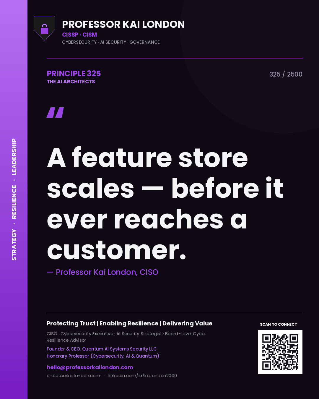 Quote card by Professor Kai London reading 'A feature store scales — before it ever reaches a customer.'. From the book The AI Architects.