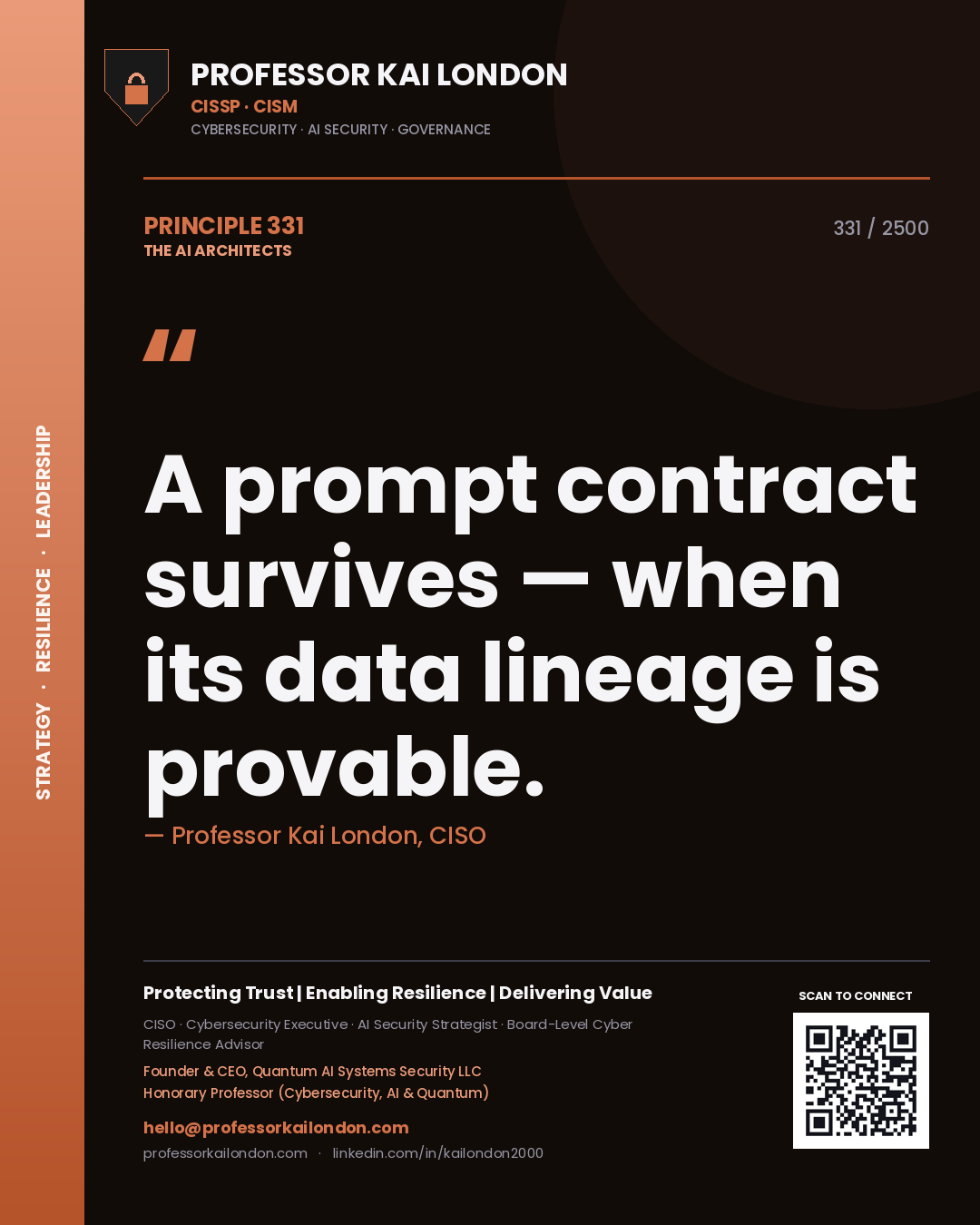 Quote card by Professor Kai London reading 'A prompt contract survives — when its data lineage is provable.'. From the book The AI Architects.