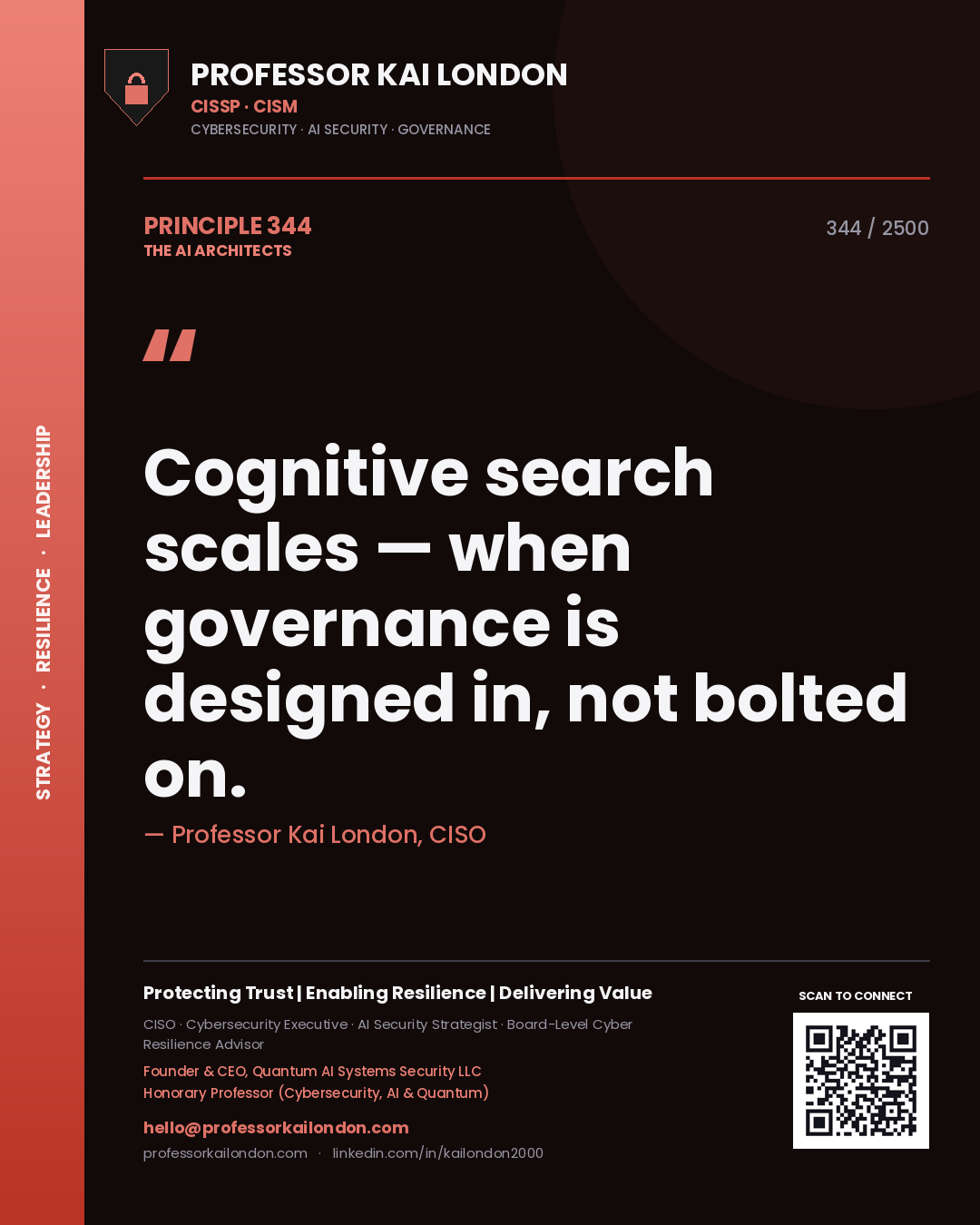 Quote card by Professor Kai London reading 'Cognitive search scales — when governance is designed in, not bolted on.'. From the book The AI Architects.
