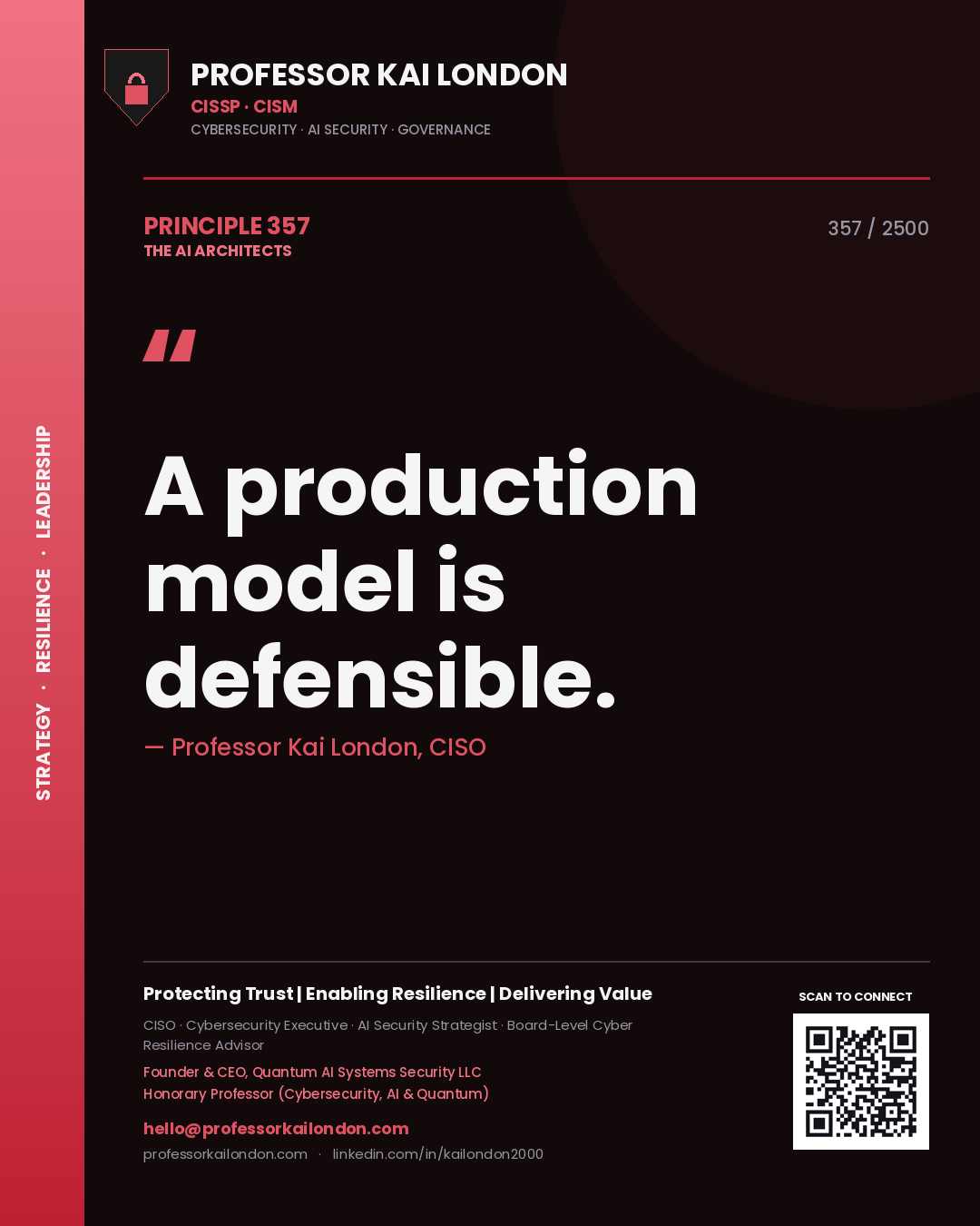 Quote card by Professor Kai London reading 'A production model is defensible.'. From the book The AI Architects.