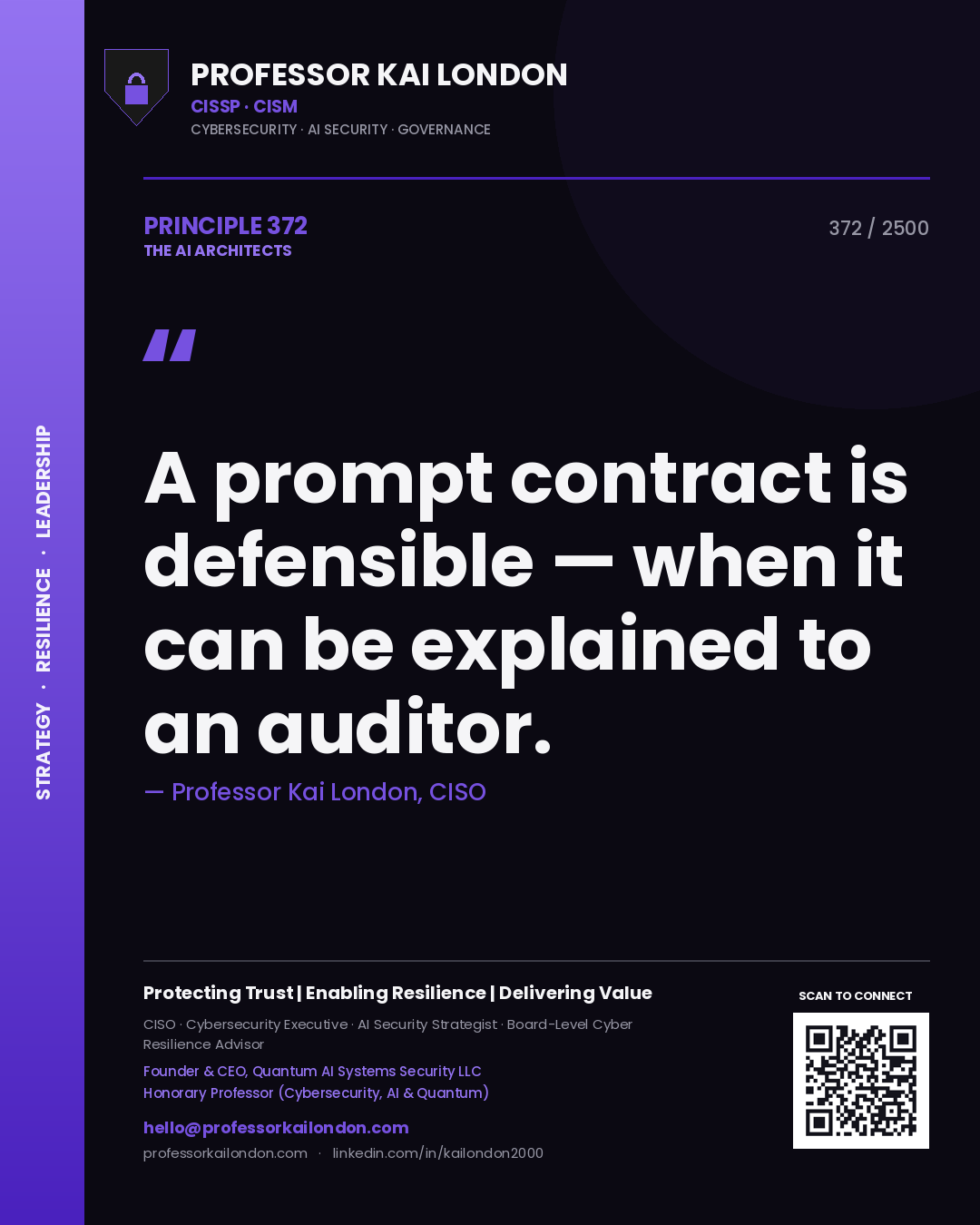 Quote card by Professor Kai London reading 'A prompt contract is defensible — when it can be explained to an auditor.'. From the book The AI Architects.