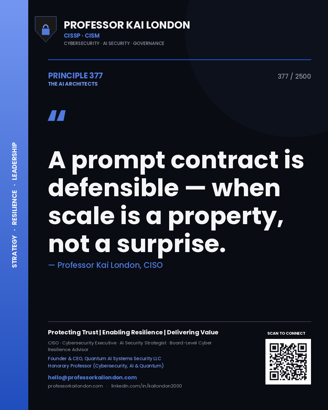 Quote card by Professor Kai London reading 'A prompt contract is defensible — when scale is a property, not a surprise.'. From the book The AI Architects.