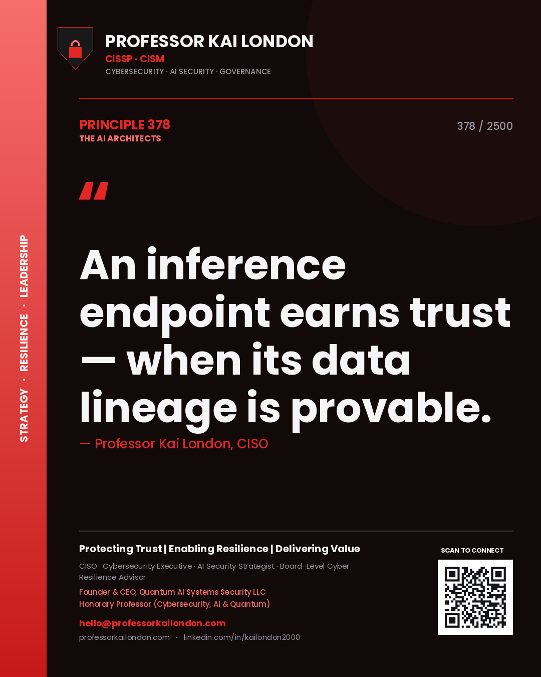 Quote card by Professor Kai London reading 'An inference endpoint earns trust — when its data lineage is provable.'. From the book The AI Architects.