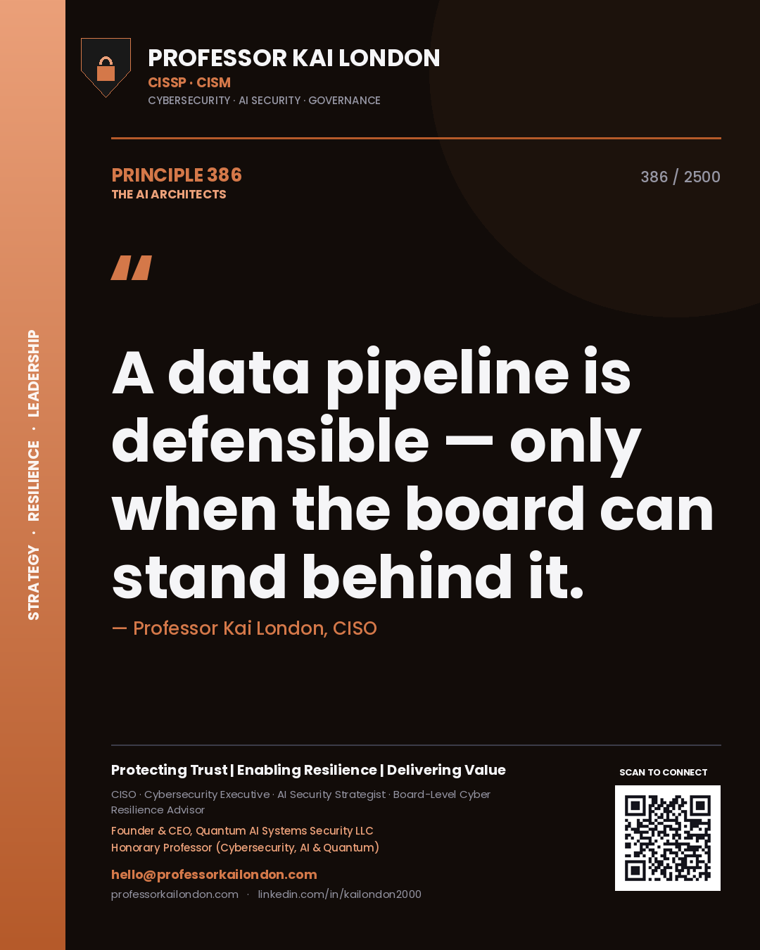 Professor Kai London principle 386: A data pipeline is defensible — only when the board can stand behind it.