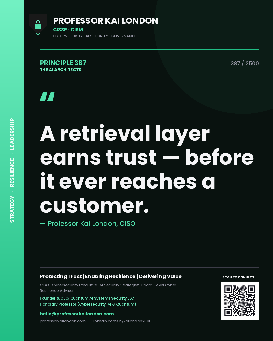 Quote card by Professor Kai London reading 'A retrieval layer earns trust — before it ever reaches a customer.'. From the book The AI Architects.