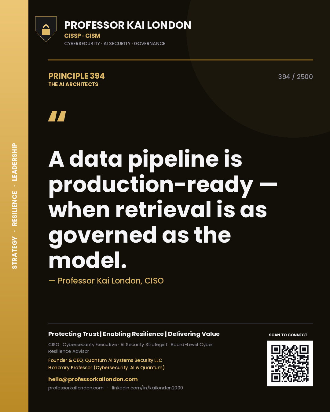 Quote card by Professor Kai London reading 'A data pipeline is production-ready — when retrieval is as governed as the model.'. From the book The AI Architects.