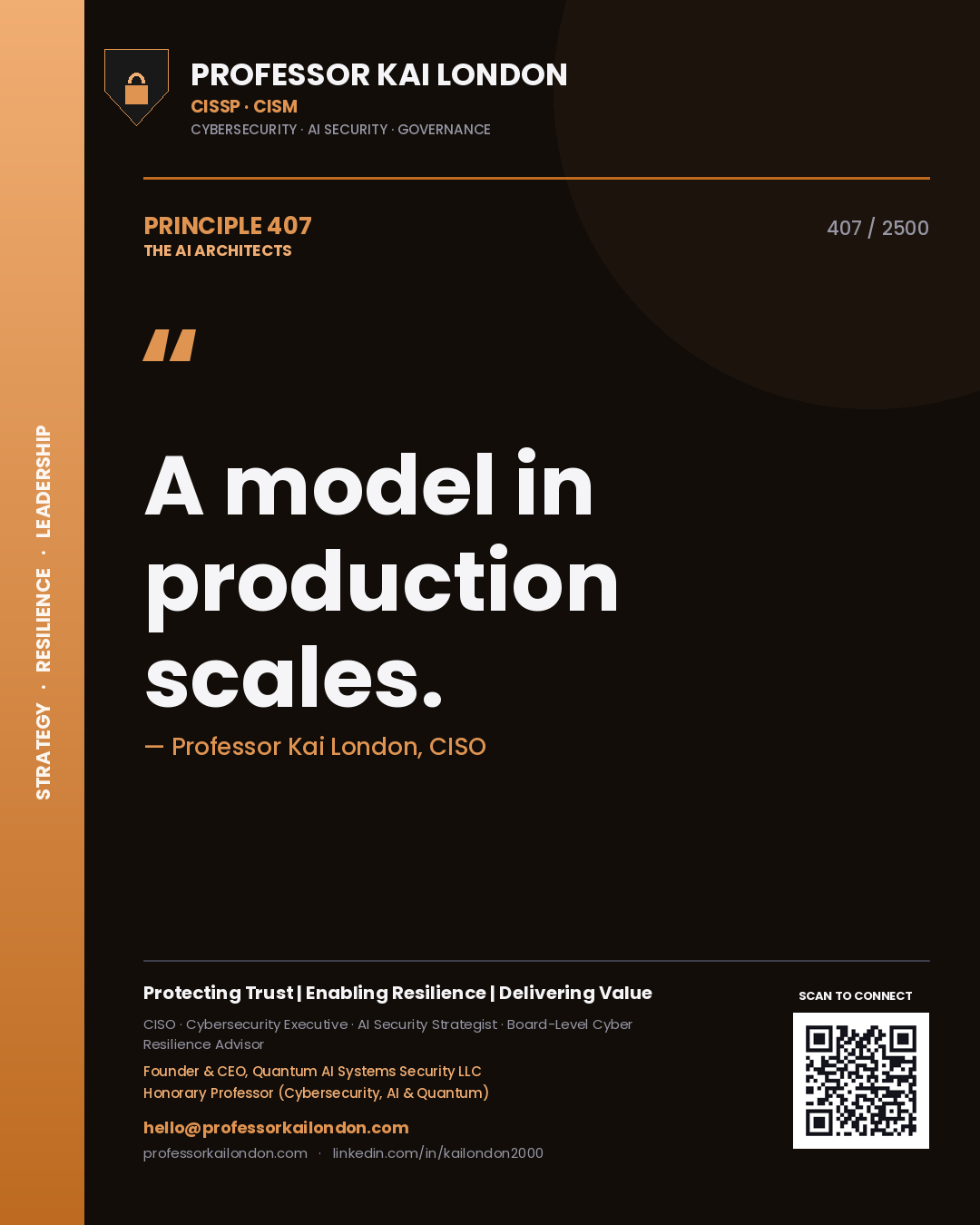 Quote card by Professor Kai London reading 'A model in production scales.'. From the book The AI Architects.