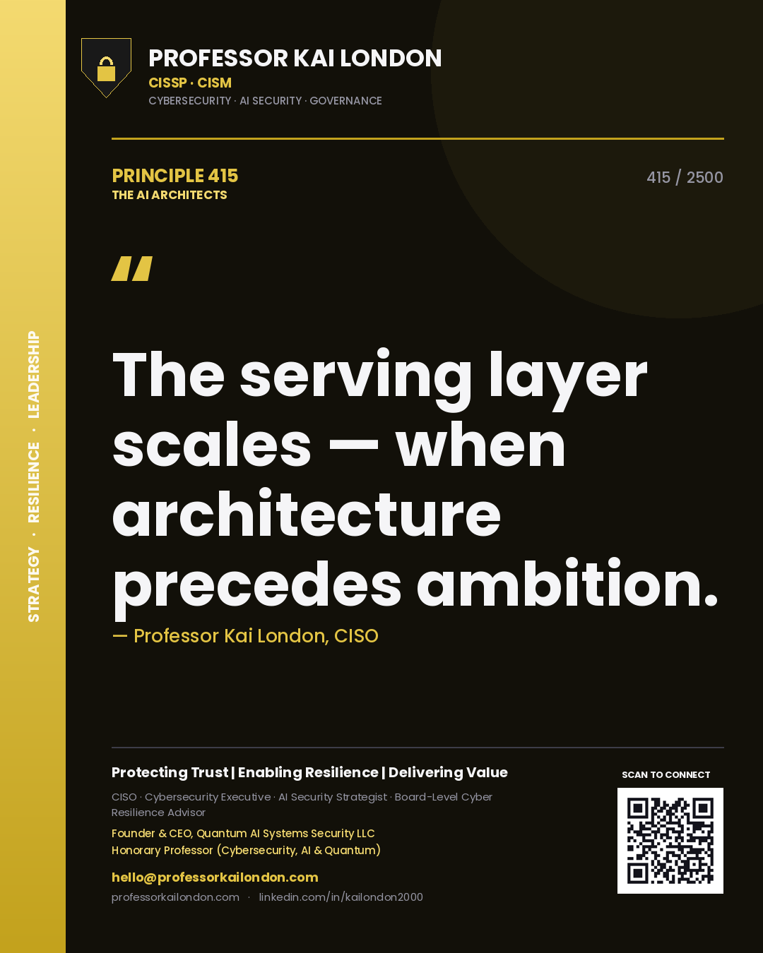 Quote card by Professor Kai London reading 'The serving layer scales — when architecture precedes ambition.'. From the book The AI Architects.