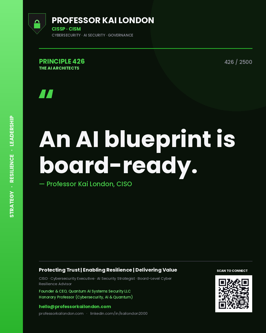Quote card by Professor Kai London reading 'An AI blueprint is board-ready.'. From the book The AI Architects.