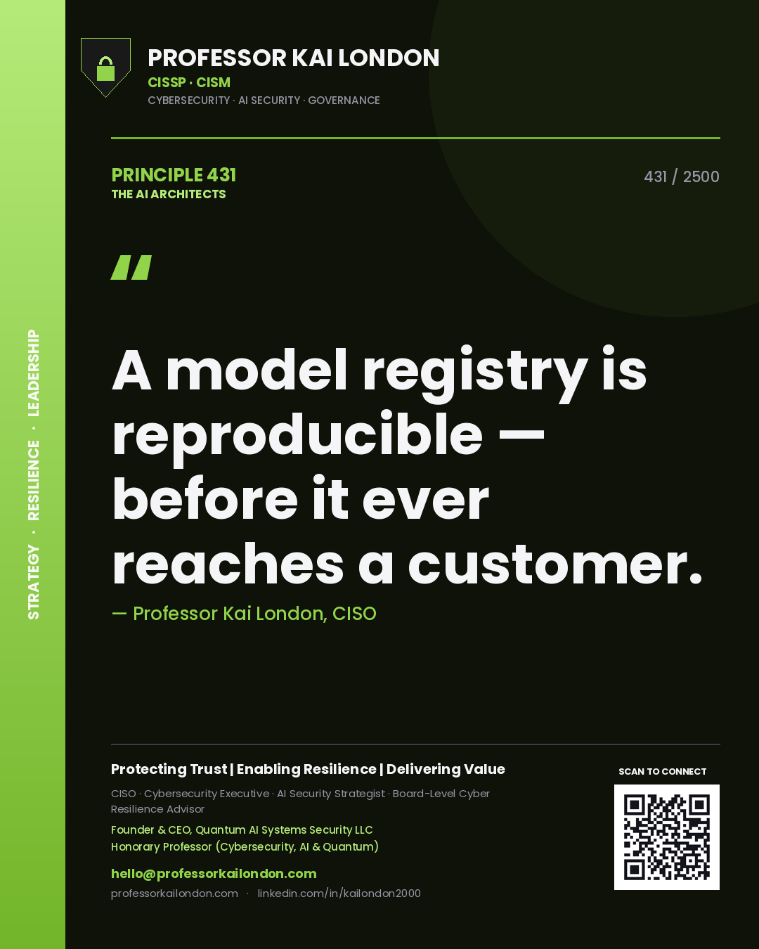 Quote card by Professor Kai London reading 'A model registry is reproducible — before it ever reaches a customer.'. From the book The AI Architects.