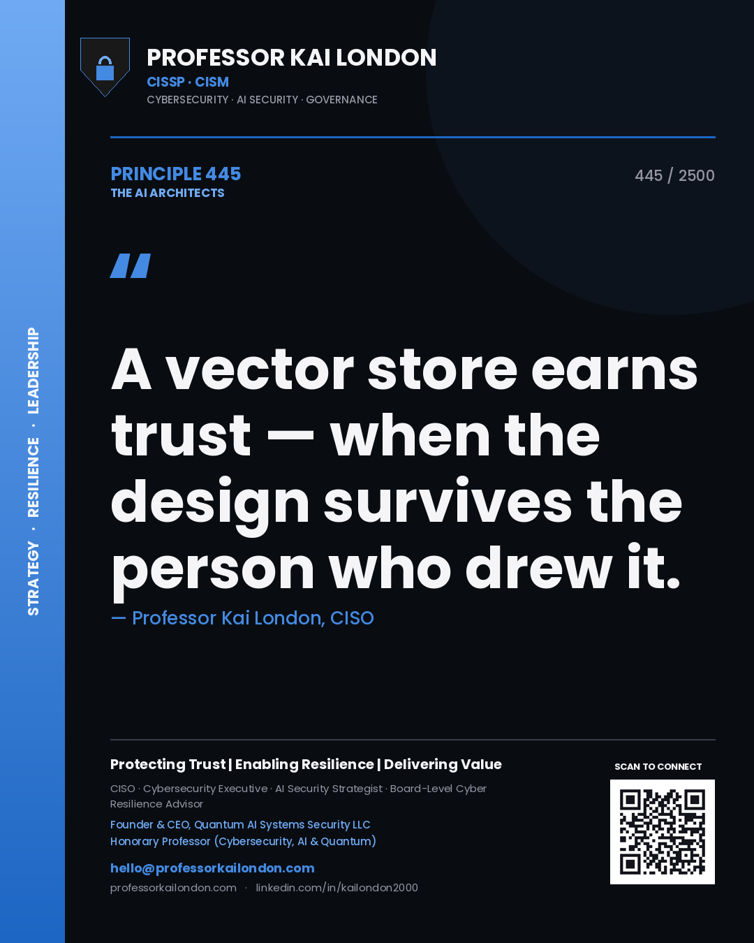 Quote card by Professor Kai London reading 'A vector store earns trust — when the design survives the person who drew it.'. From the book The AI Architects.
