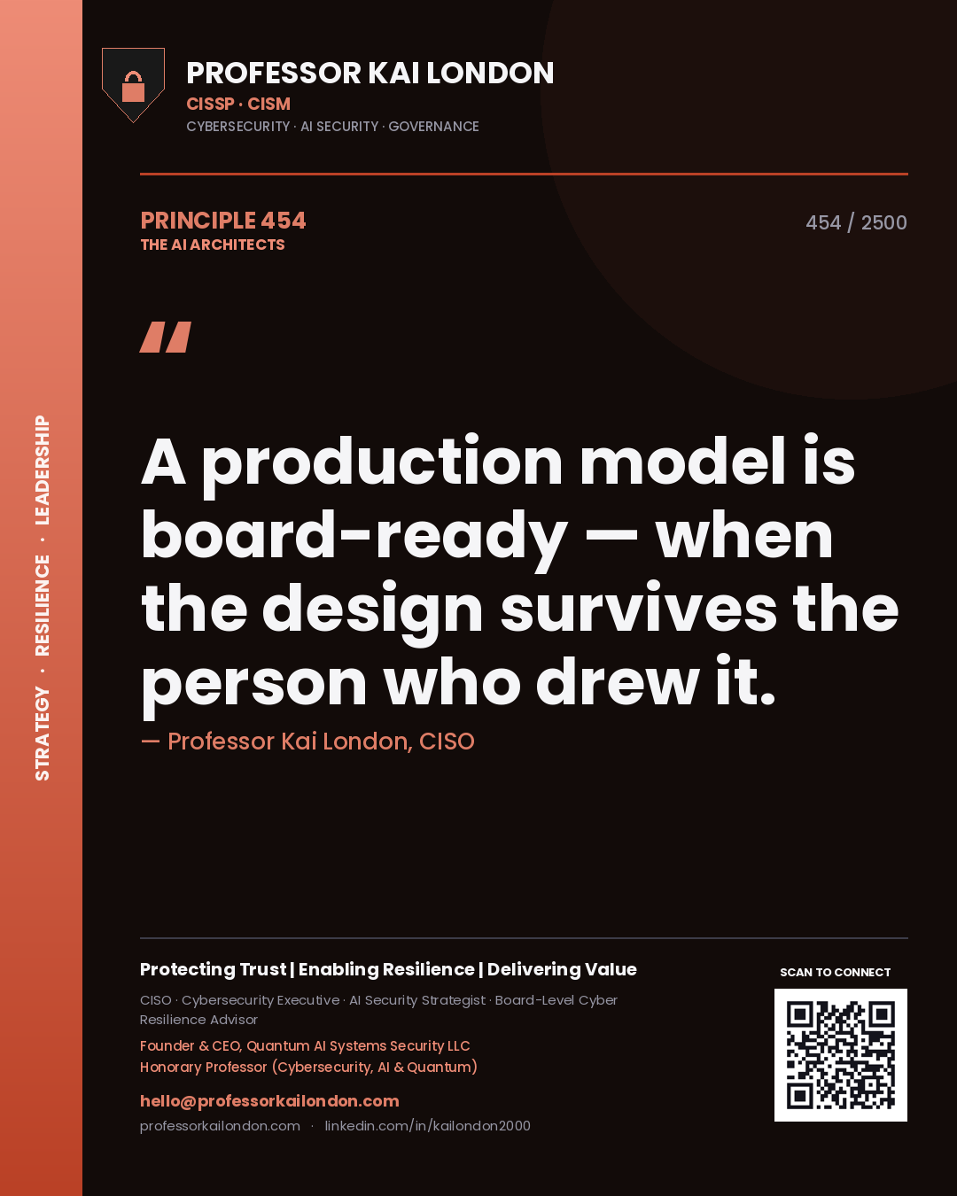 Quote card by Professor Kai London reading 'A production model is board-ready — when the design survives the person who drew it.'. From the book The AI Architects.
