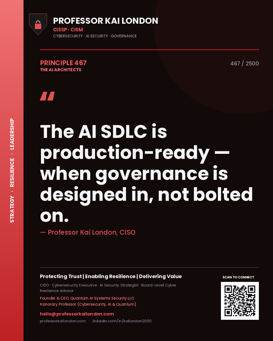 Quote card by Professor Kai London reading 'The AI SDLC is production-ready — when governance is designed in, not bolted on.'. From the book The AI Architects.