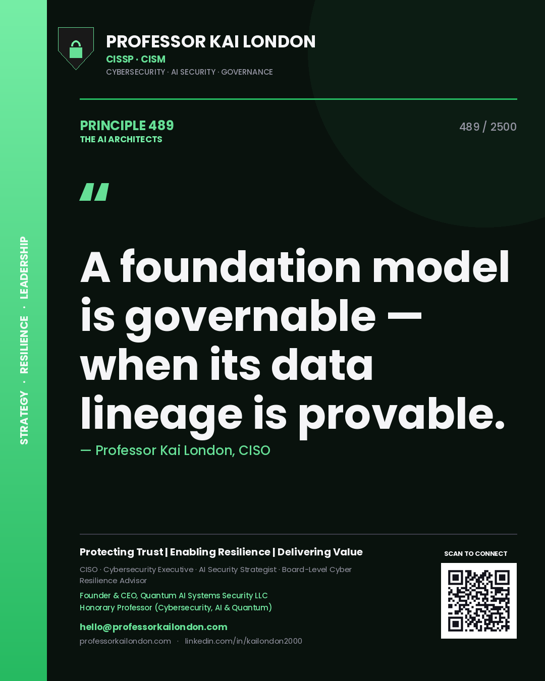 Quote card by Professor Kai London reading 'A foundation model is governable — when its data lineage is provable.'. From the book The AI Architects.