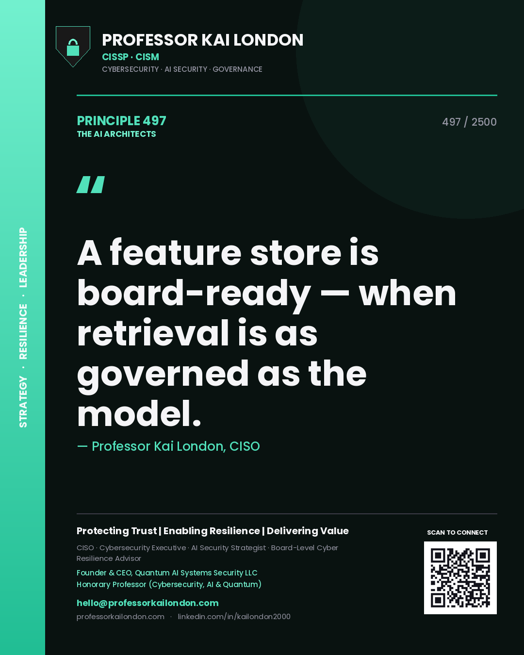 Quote card by Professor Kai London reading 'A feature store is board-ready — when retrieval is as governed as the model.'. From the book The AI Architects.