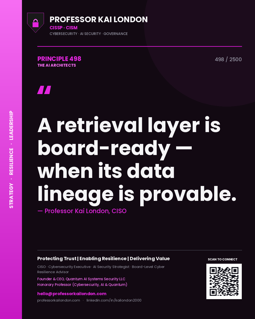 Quote card by Professor Kai London reading 'A retrieval layer is board-ready — when its data lineage is provable.'. From the book The AI Architects.