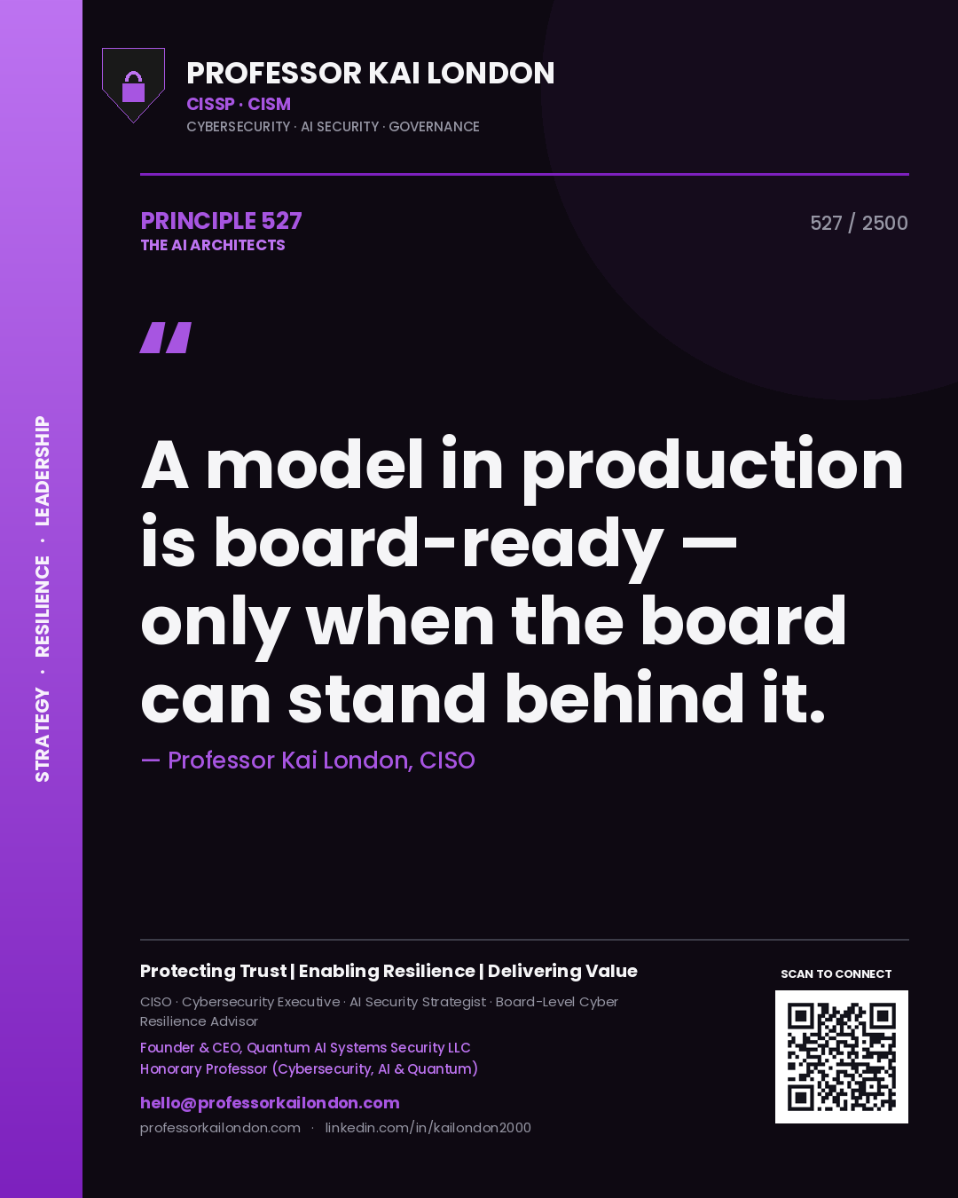 Quote card by Professor Kai London reading 'A model in production is board-ready — only when the board can stand behind it.'. From the book The AI Architects.