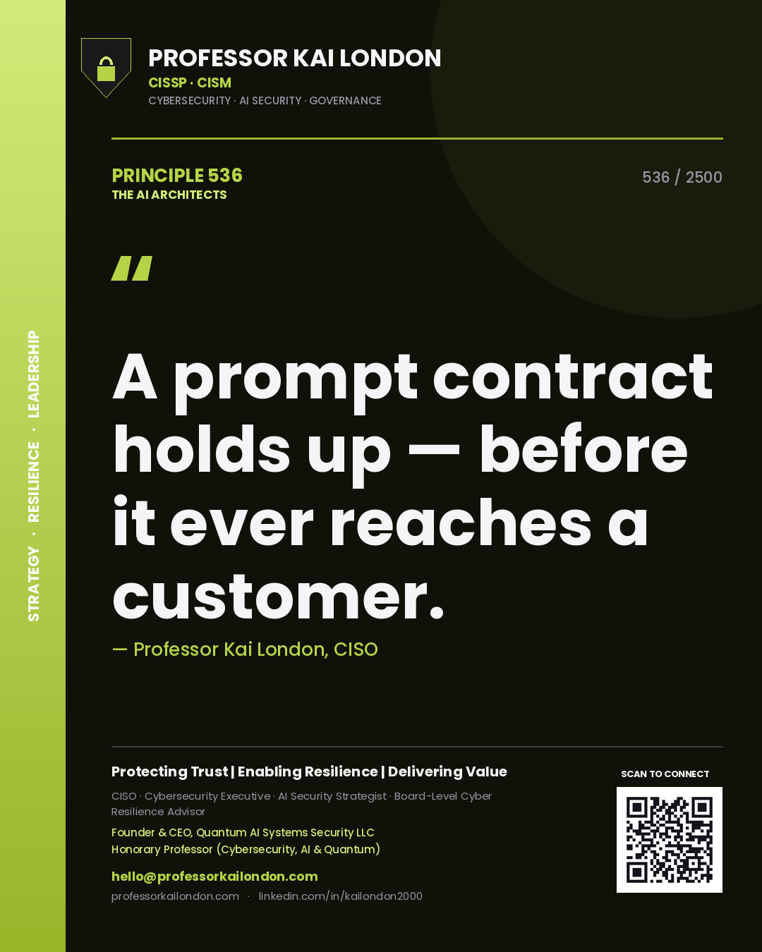 Quote card by Professor Kai London reading 'A prompt contract holds up — before it ever reaches a customer.'. From the book The AI Architects.