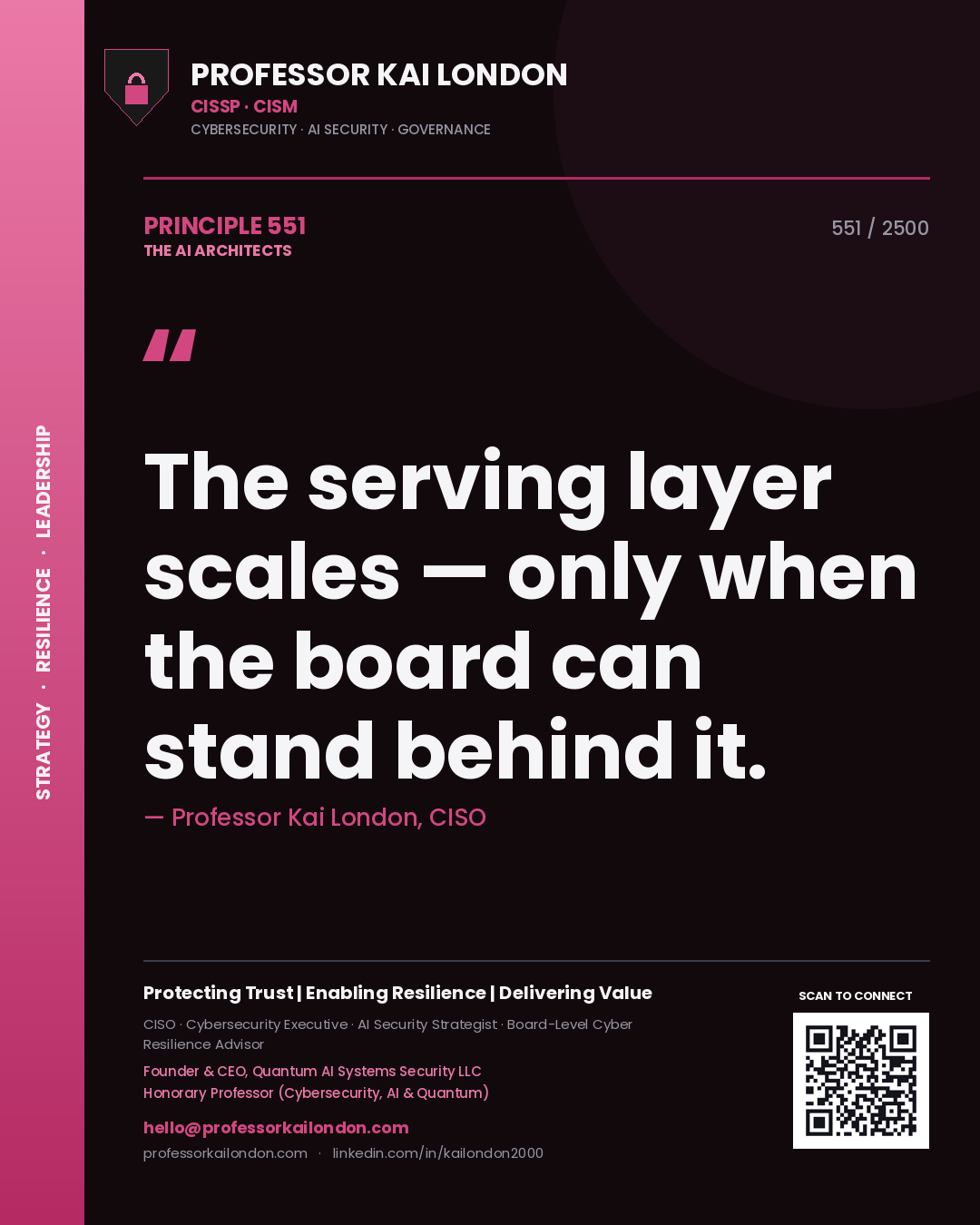 Professor Kai London principle 551: The serving layer scales — only when the board can stand behind it.