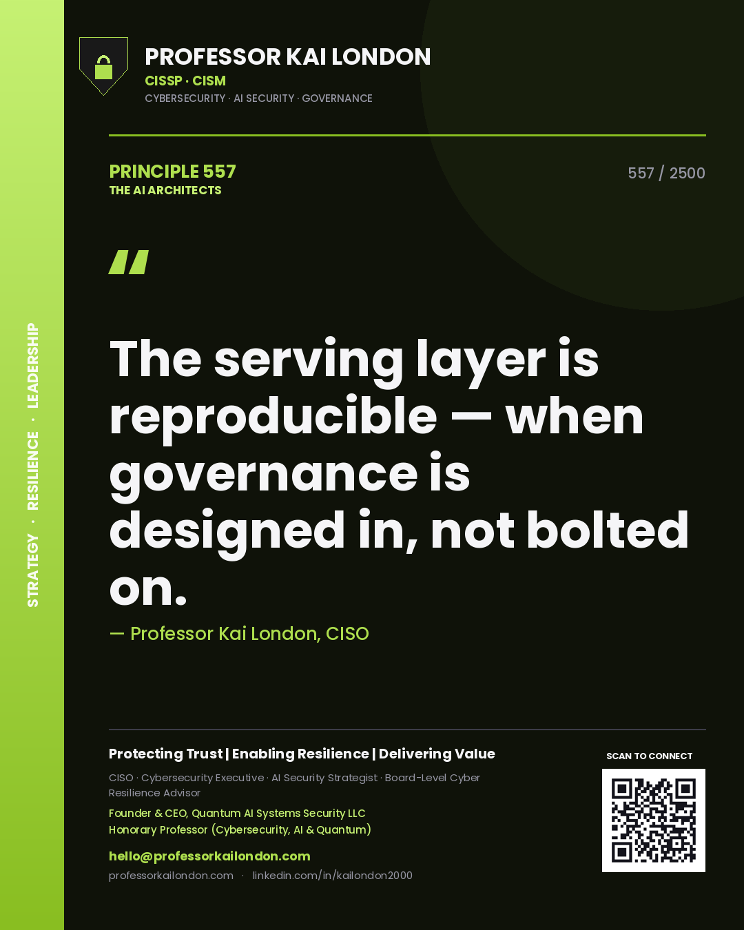 Professor Kai London principle 557: The serving layer is reproducible — when governance is designed in, not bolted on.