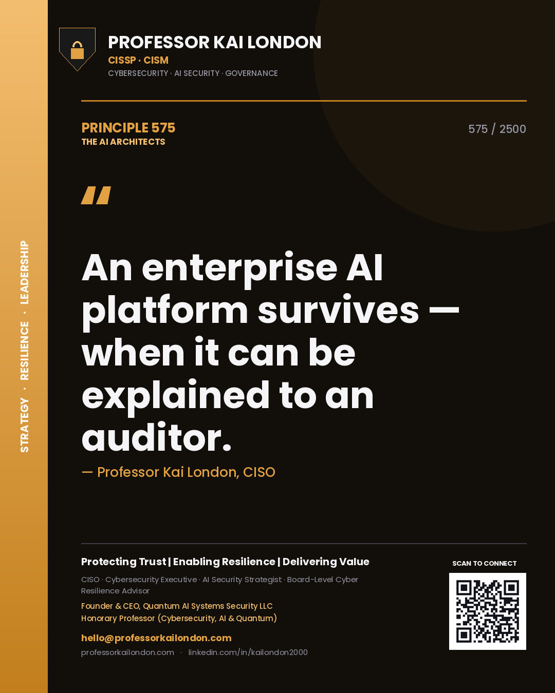 Professor Kai London principle 575: An enterprise AI platform survives — when it can be explained to an auditor.
