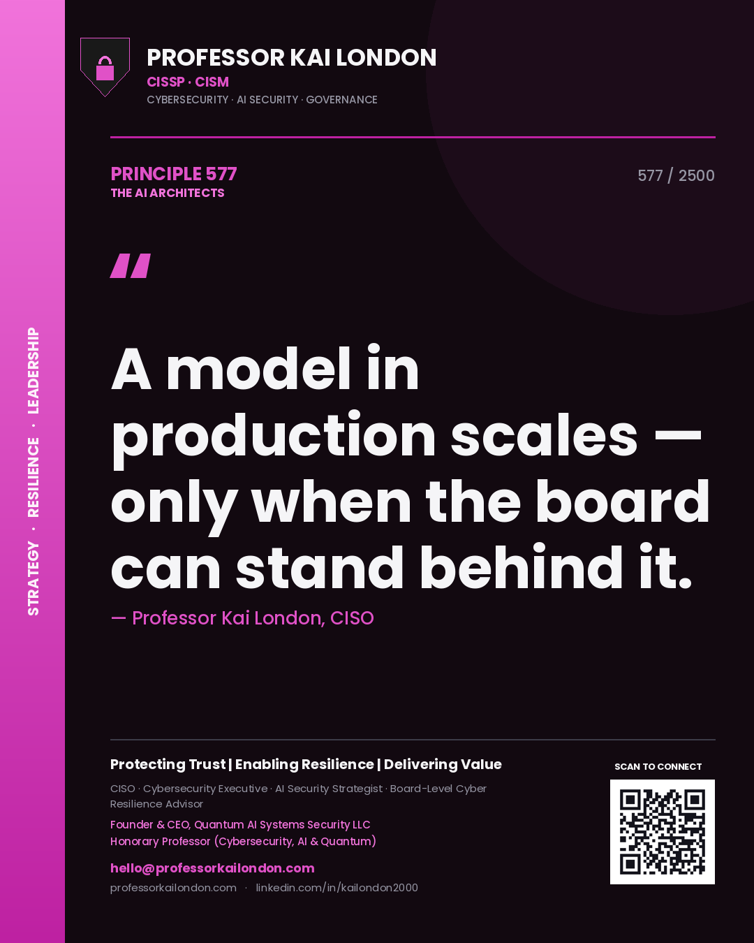 Professor Kai London principle 577: A model in production scales — only when the board can stand behind it.