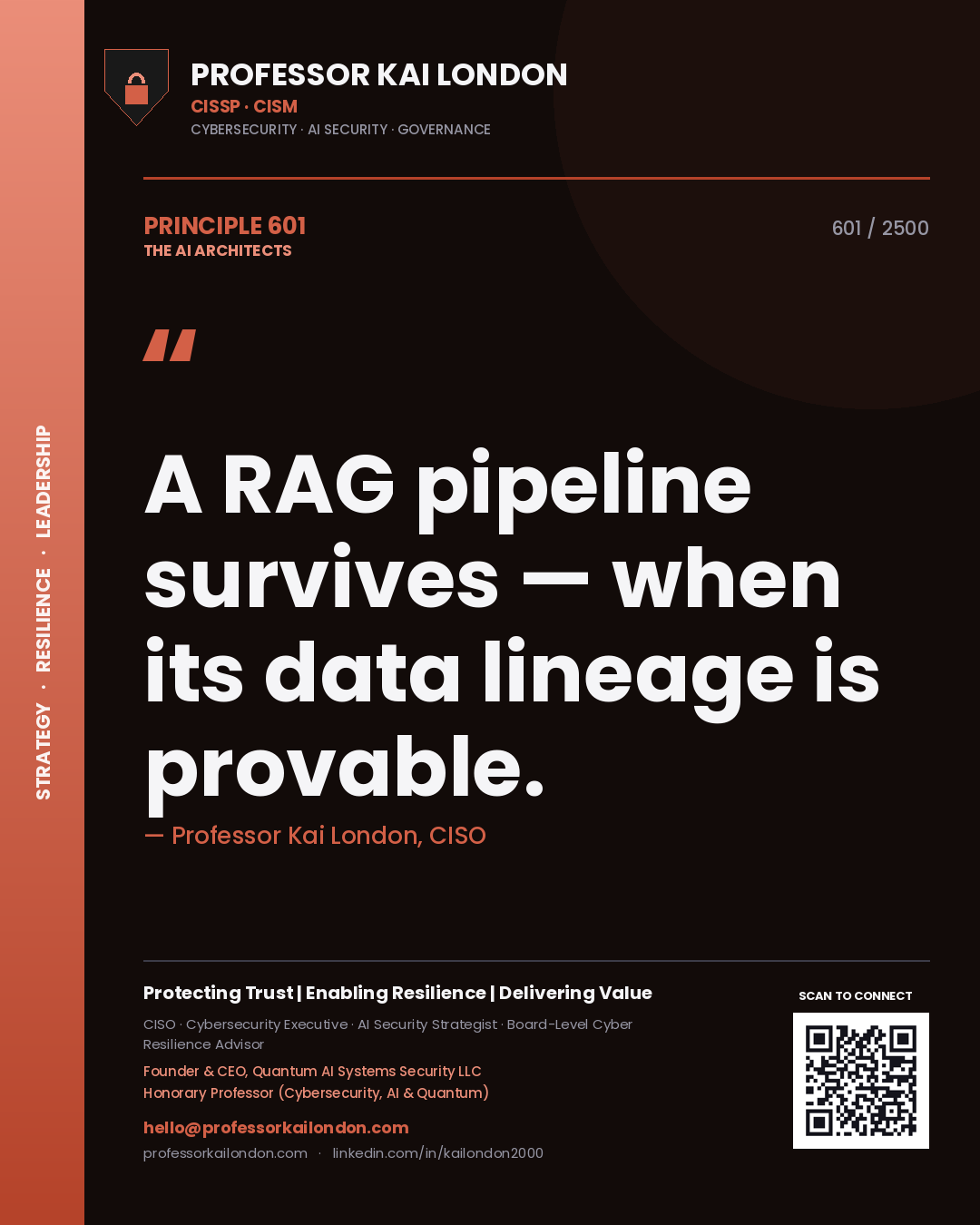 Quote card by Professor Kai London reading 'A RAG pipeline survives — when its data lineage is provable.'. From the book The AI Architects.