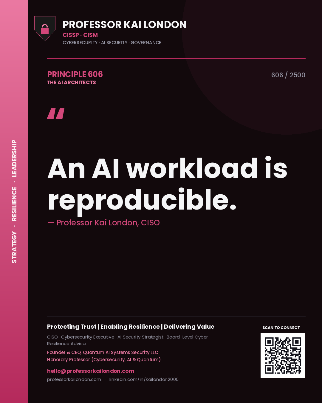 Quote card by Professor Kai London reading 'An AI workload is reproducible.'. From the book The AI Architects.
