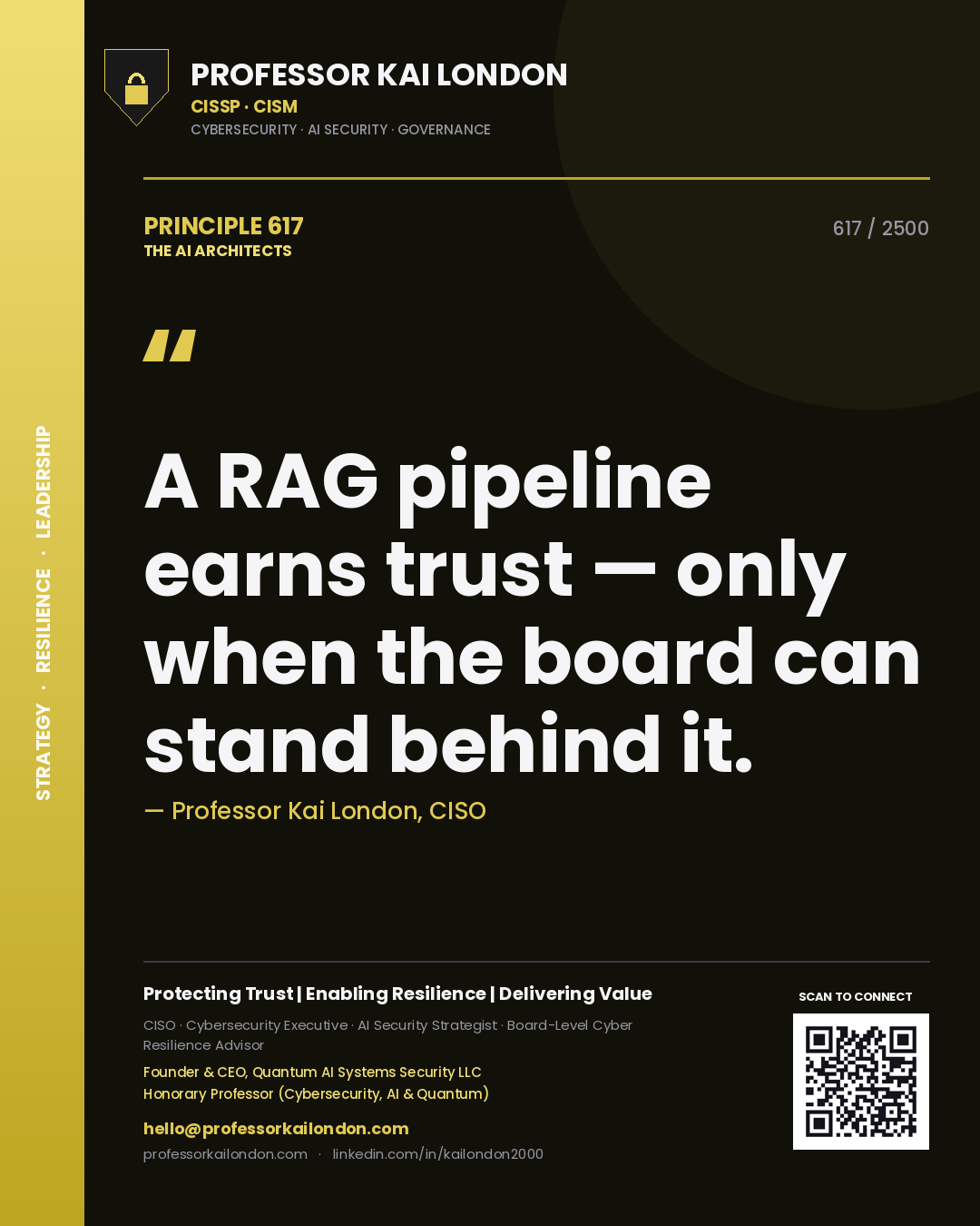 Quote card by Professor Kai London reading 'A RAG pipeline earns trust — only when the board can stand behind it.'. From the book The AI Architects.