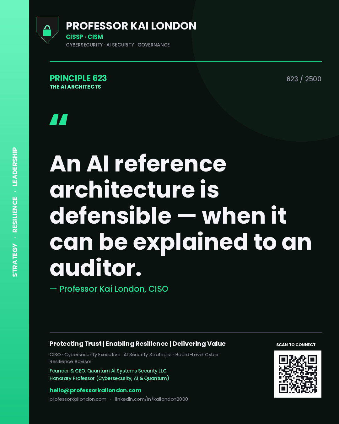 Quote card by Professor Kai London reading 'An AI reference architecture is defensible — when it can be explained to an auditor.'. From the book The AI Architects.