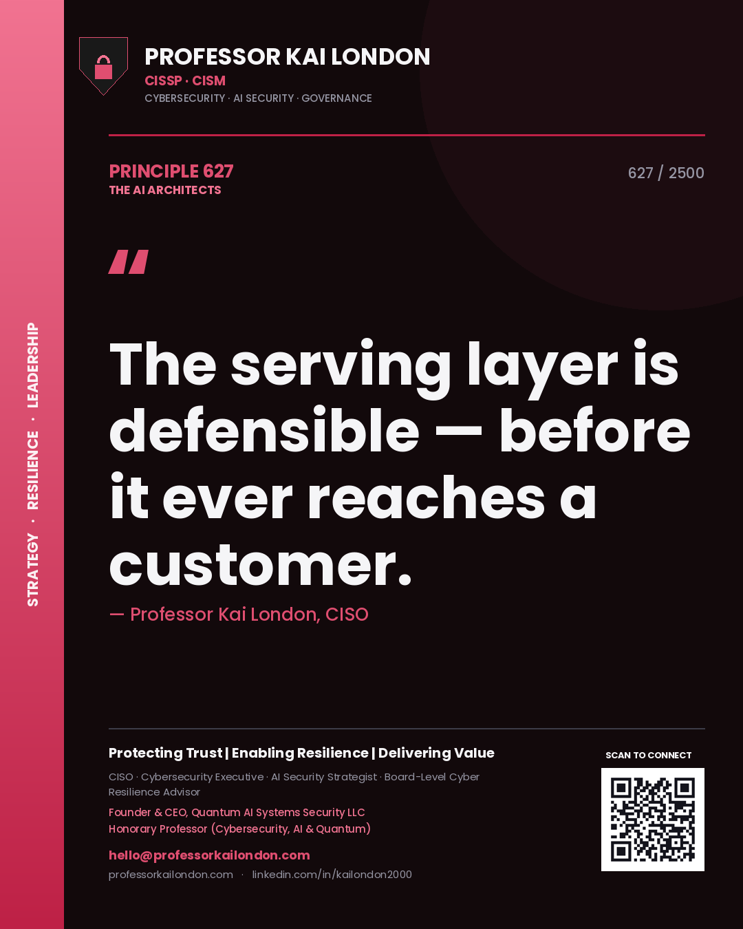 Quote card by Professor Kai London reading 'The serving layer is defensible — before it ever reaches a customer.'. From the book The AI Architects.