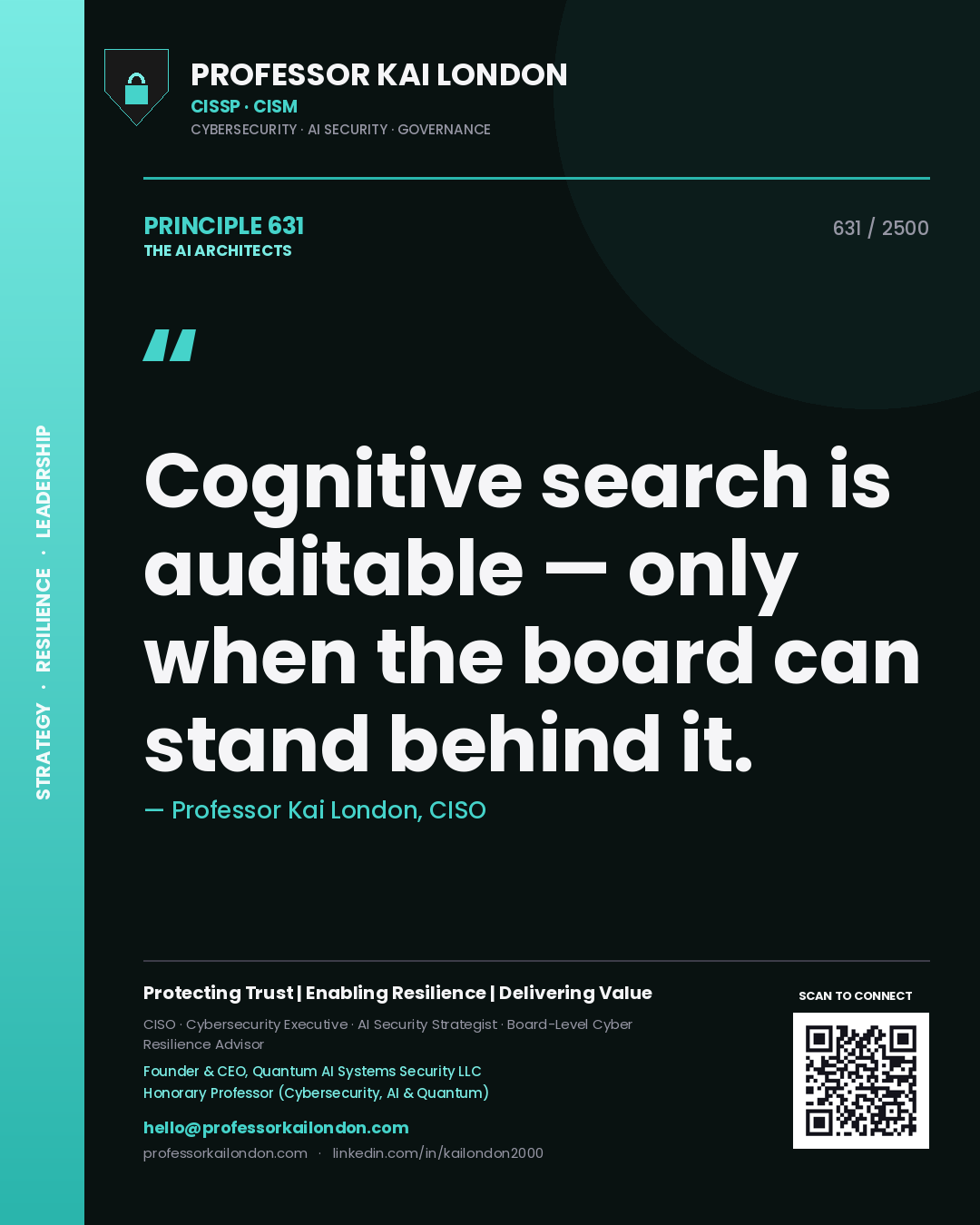 Quote card by Professor Kai London reading 'Cognitive search is auditable — only when the board can stand behind it.'. From the book The AI Architects.