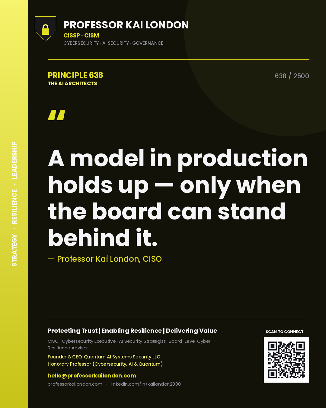 Quote card by Professor Kai London reading 'A model in production holds up — only when the board can stand behind it.'. From the book The AI Architects.