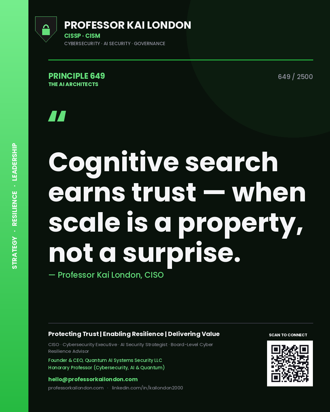 Quote card by Professor Kai London reading 'Cognitive search earns trust — when scale is a property, not a surprise.'. From the book The AI Architects.
