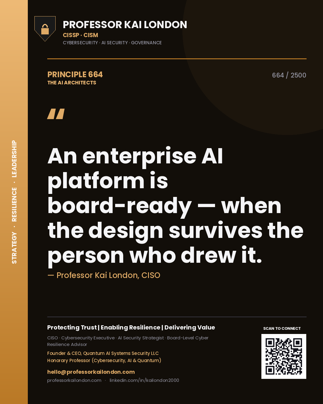 Quote card by Professor Kai London reading 'An enterprise AI platform is board-ready — when the design survives the person who drew it.'. From the book The AI Architects.