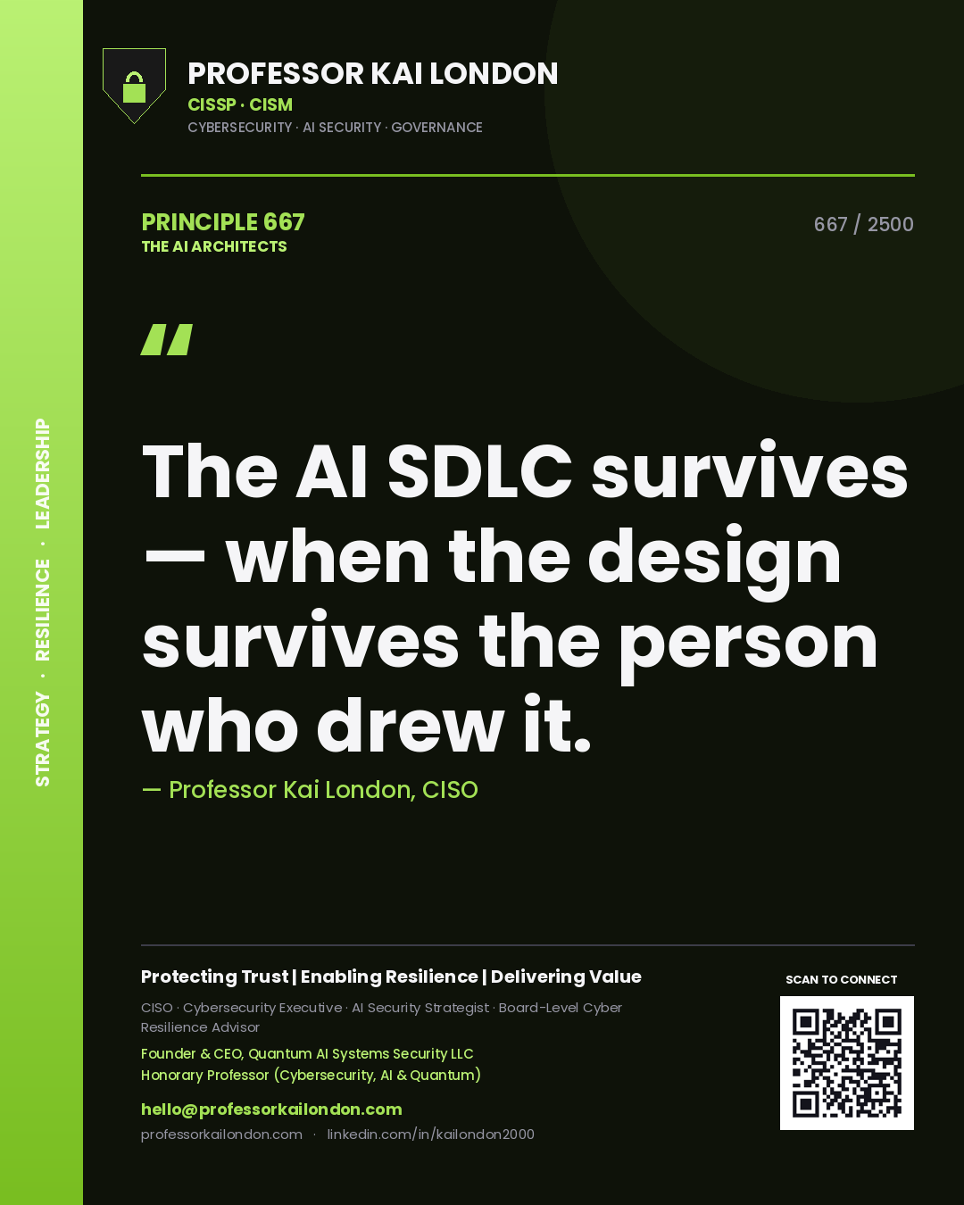 Quote card by Professor Kai London reading 'The AI SDLC survives — when the design survives the person who drew it.'. From the book The AI Architects.