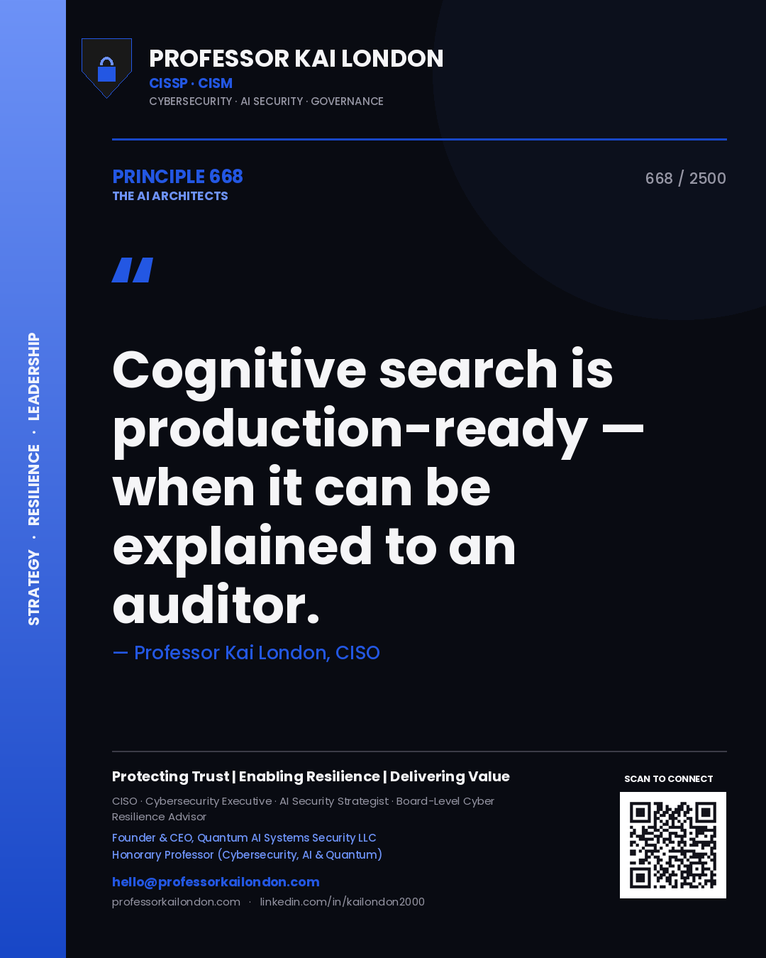 Quote card by Professor Kai London reading 'Cognitive search is production-ready — when it can be explained to an auditor.'. From the book The AI Architects.