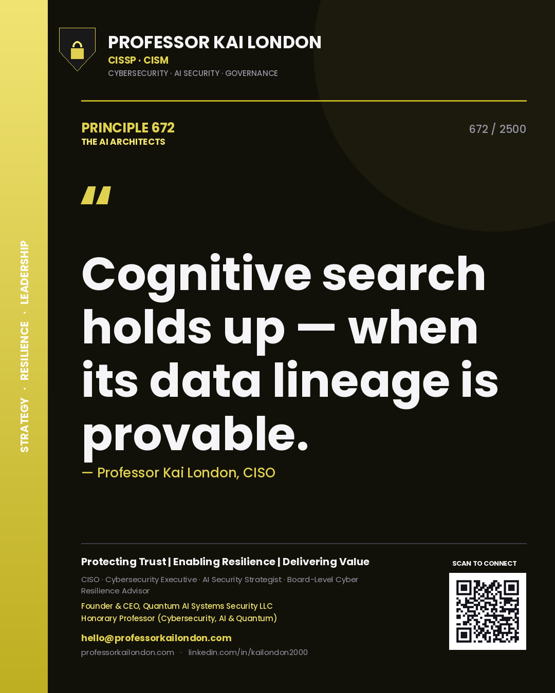 Quote card by Professor Kai London reading 'Cognitive search holds up — when its data lineage is provable.'. From the book The AI Architects.