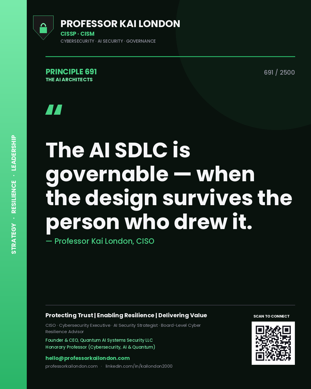 Quote card by Professor Kai London reading 'The AI SDLC is governable — when the design survives the person who drew it.'. From the book The AI Architects.