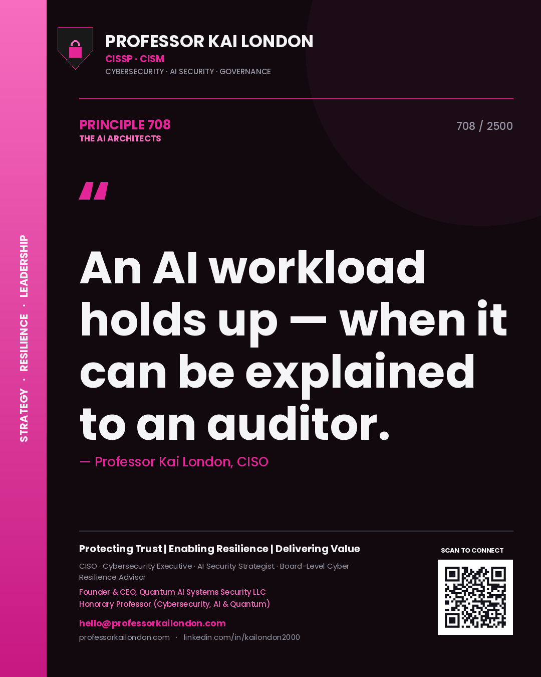 Quote card by Professor Kai London reading 'An AI workload holds up — when it can be explained to an auditor.'. From the book The AI Architects.