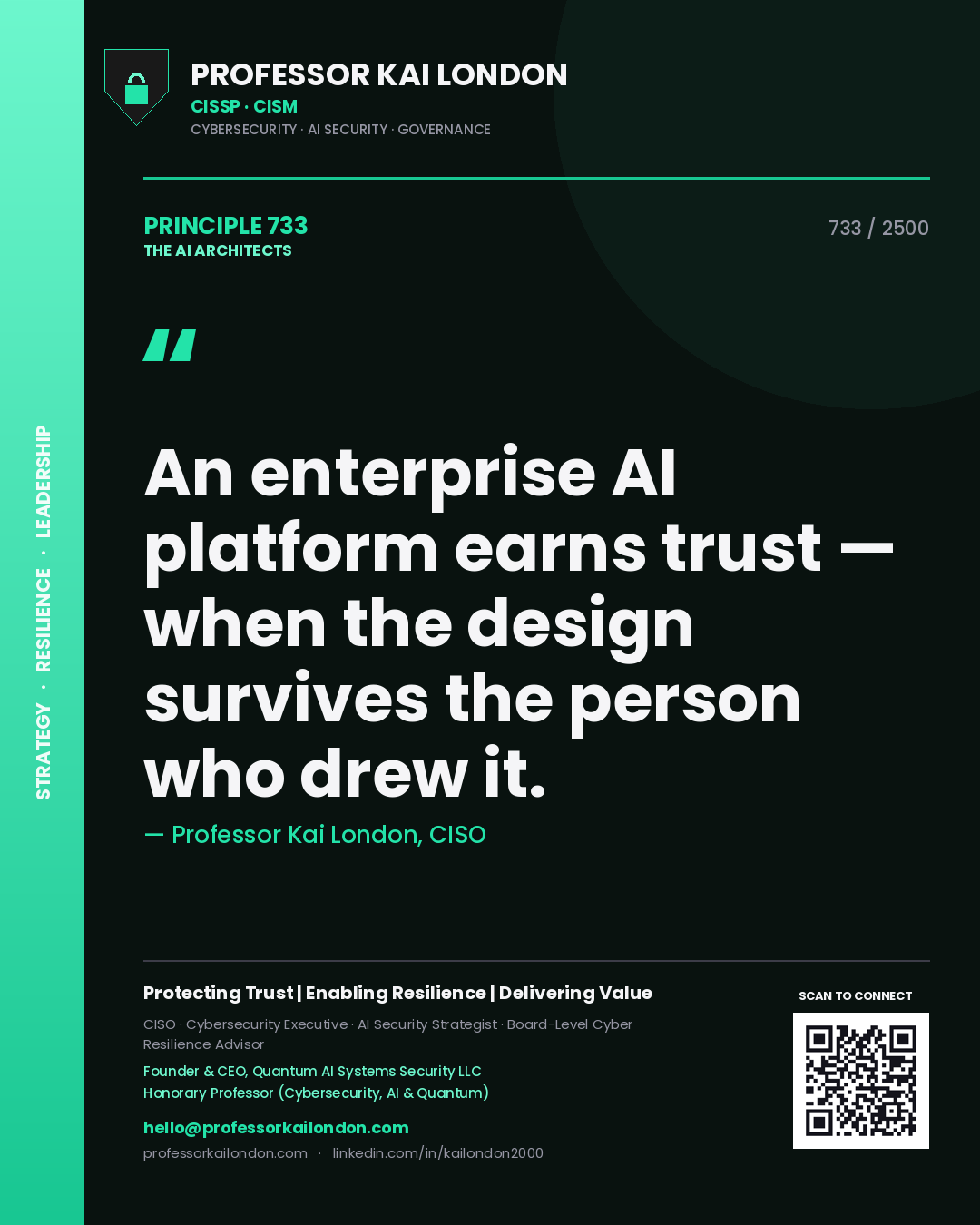 Quote card by Professor Kai London reading 'An enterprise AI platform earns trust — when the design survives the person who drew it.'. From the book The AI Architects.