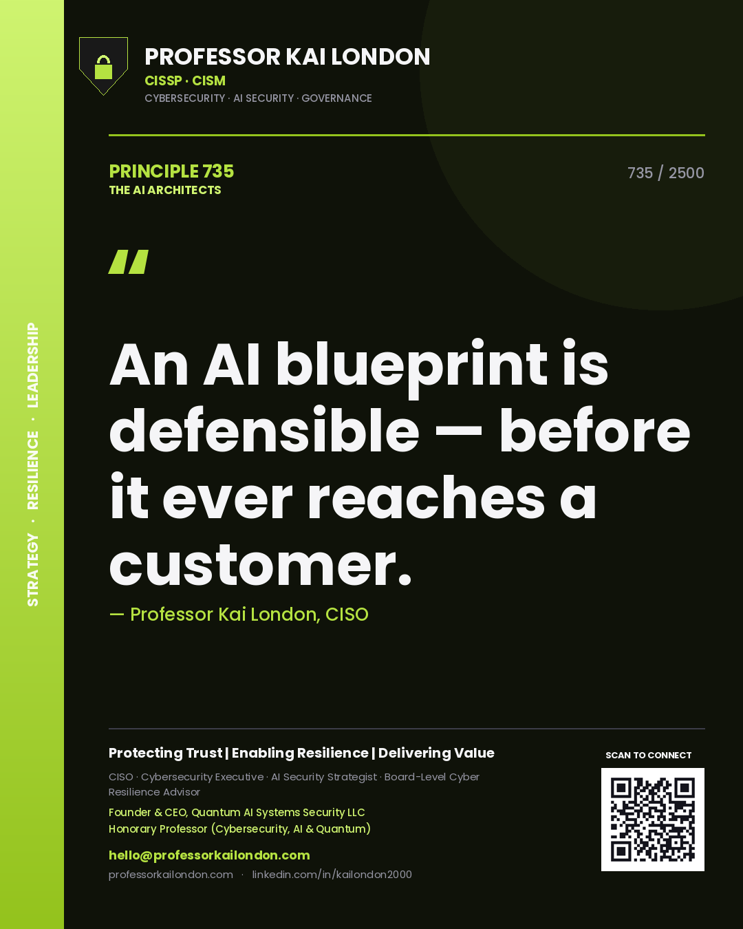Quote card by Professor Kai London reading 'An AI blueprint is defensible — before it ever reaches a customer.'. From the book The AI Architects.