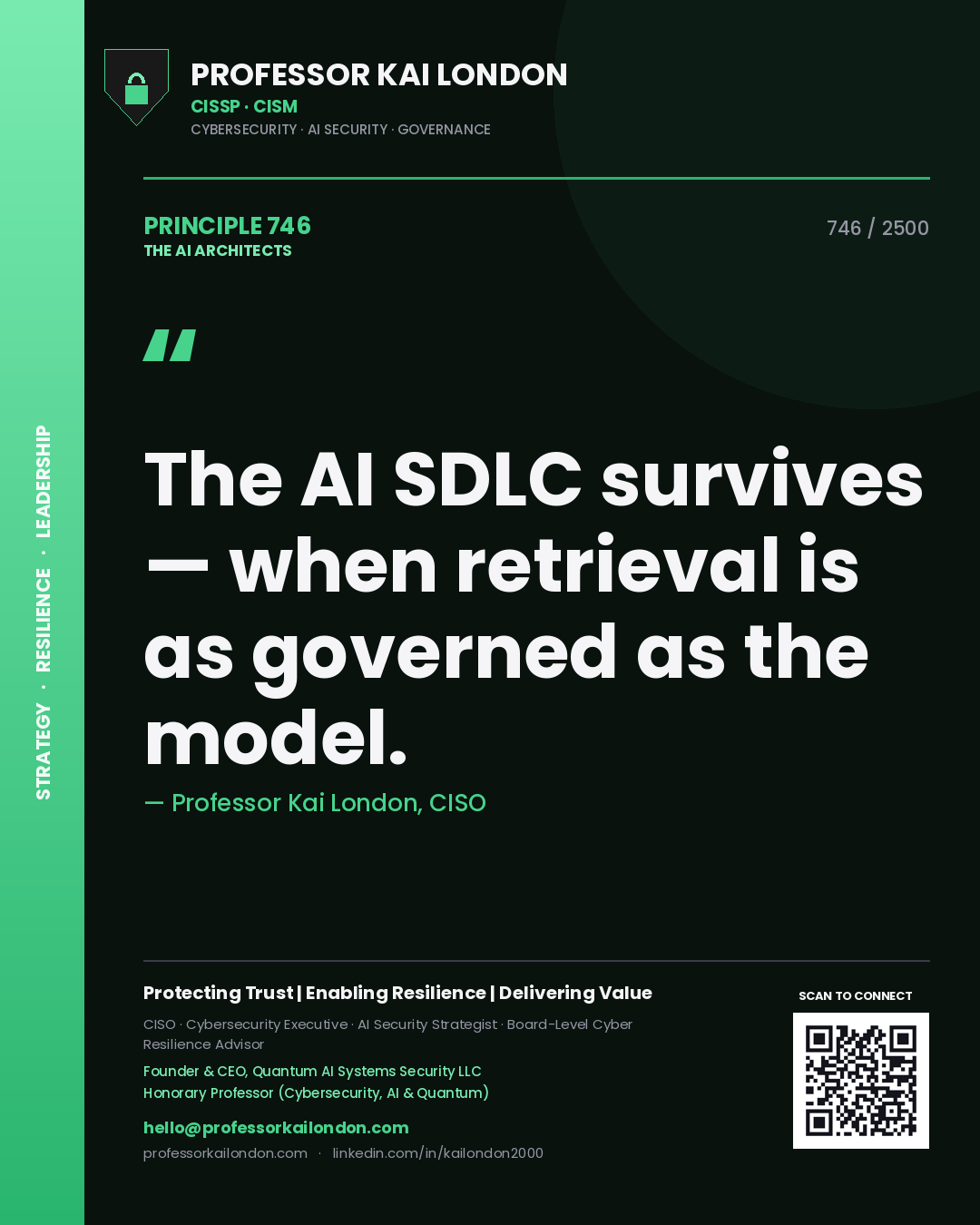 Quote card by Professor Kai London reading 'The AI SDLC survives — when retrieval is as governed as the model.'. From the book The AI Architects.