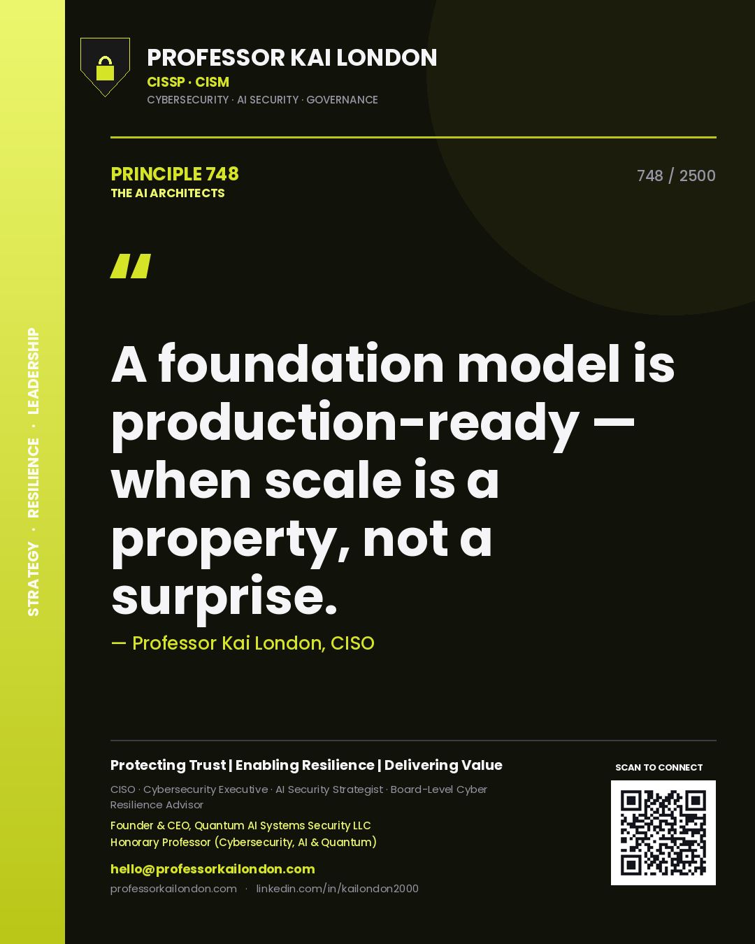 Quote card by Professor Kai London reading 'A foundation model is production-ready — when scale is a property, not a surprise.'. From the book The AI Architects.
