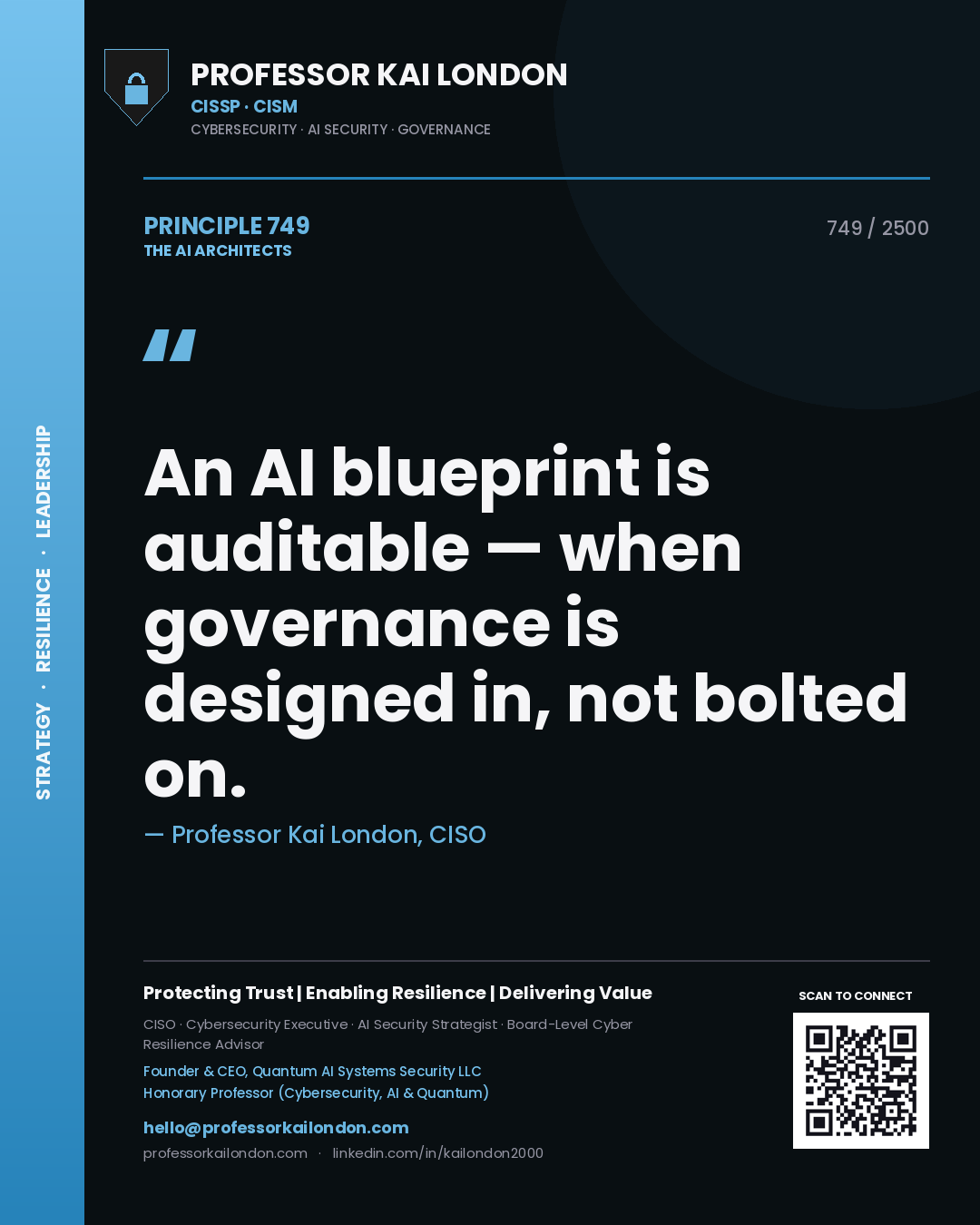 Quote card by Professor Kai London reading 'An AI blueprint is auditable — when governance is designed in, not bolted on.'. From the book The AI Architects.